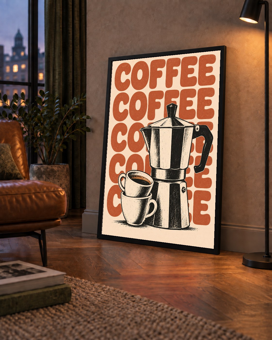 Retro Kahve Demliği & Fincanlar Poster – Elle Çizilmiş Tasarım