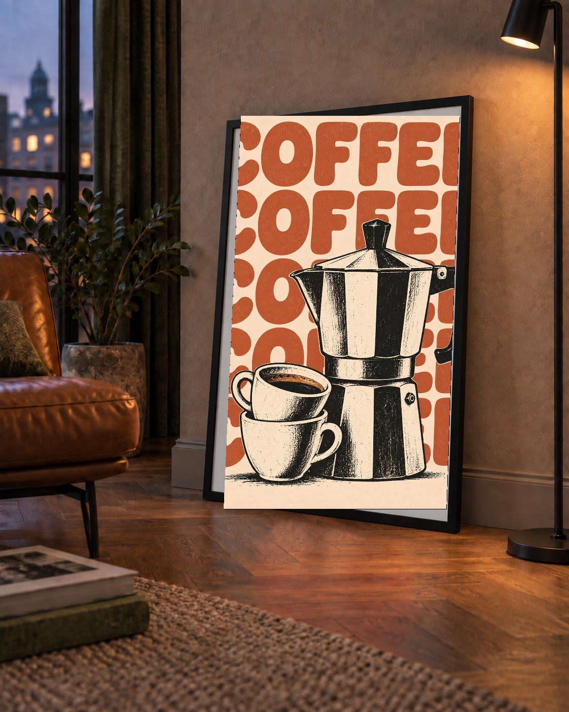 Retro Kahve Demliği & Fincanlar Poster – Elle Çizilmiş Tasarım