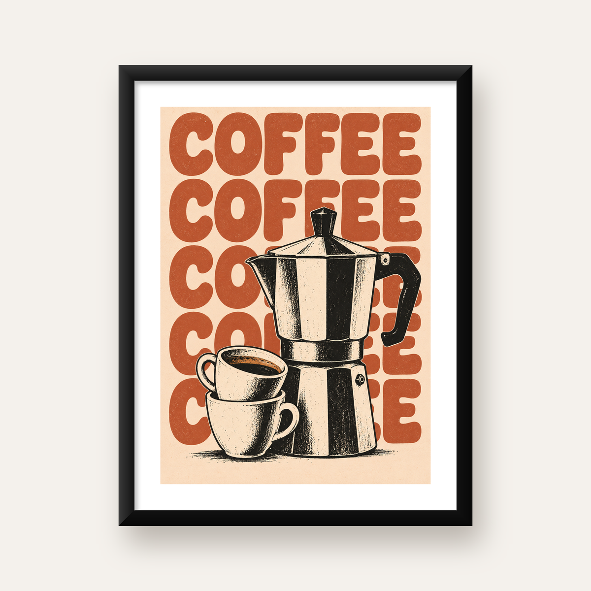 Retro Kahve Demliği & Fincanlar Poster – Elle Çizilmiş Tasarım — Dikey baskı, beyaz paspartulu