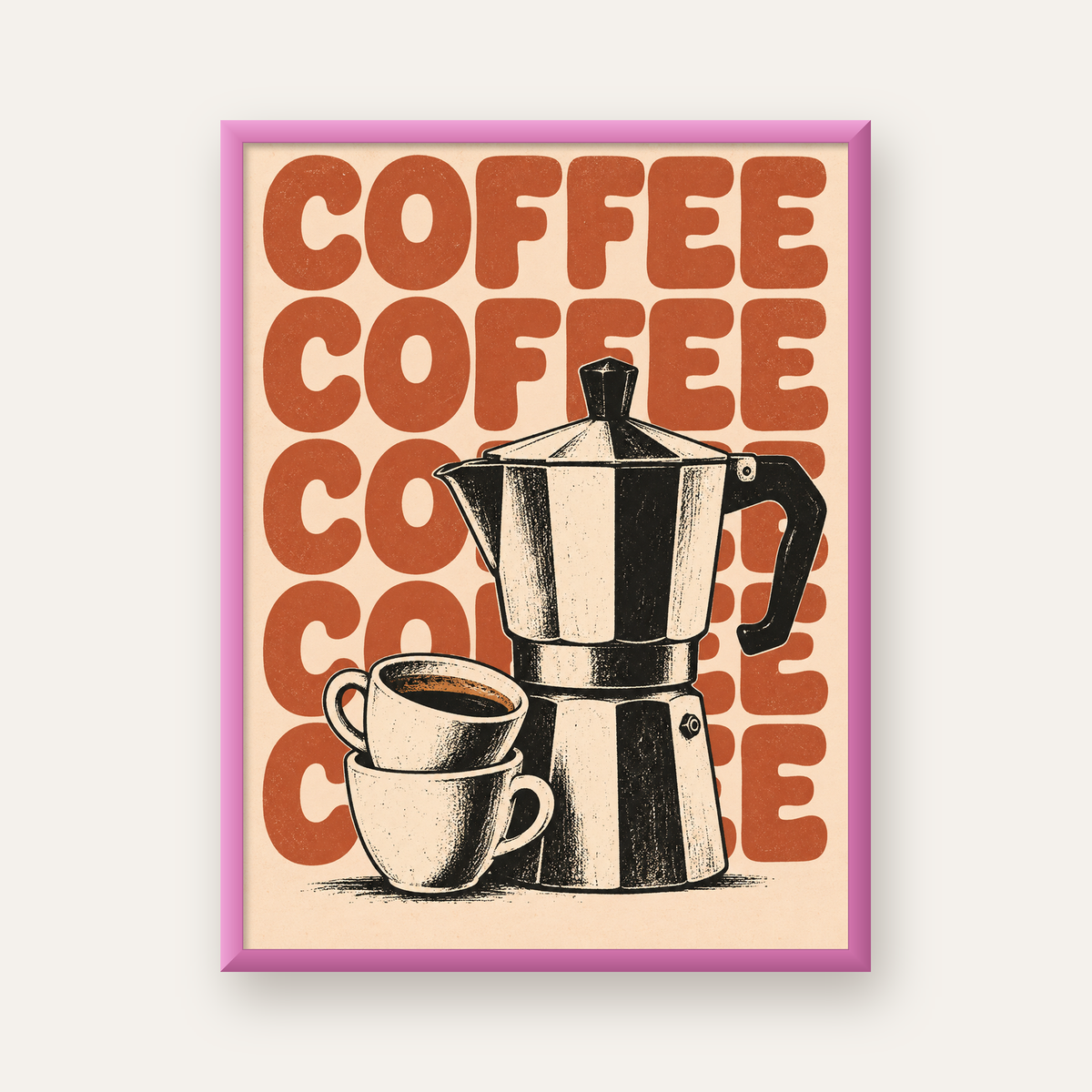 Retro Kahve Demliği & Fincanlar Poster – Elle Çizilmiş Tasarım — pembe çerçeveli