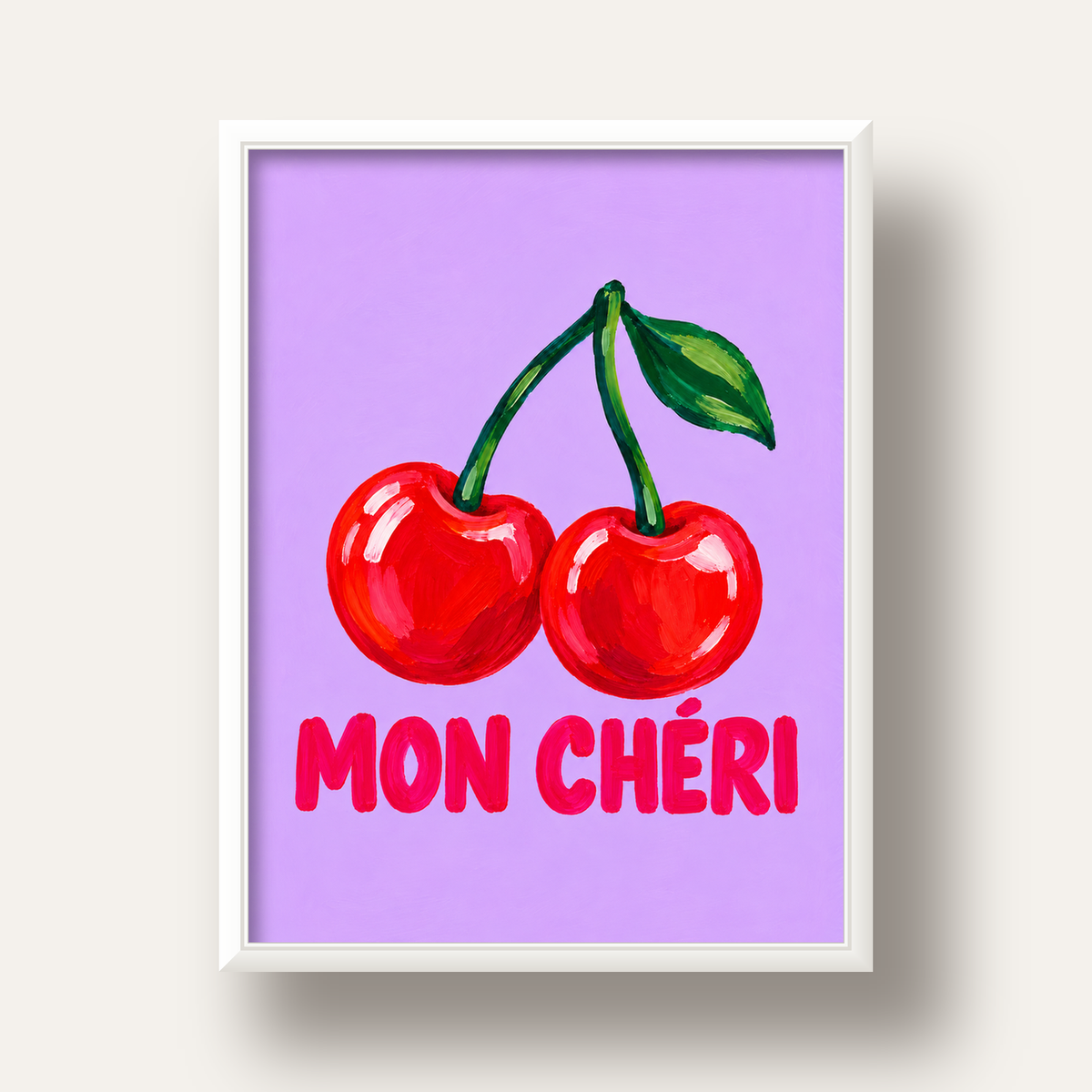 Mon Chéri Kiraz Poster – Yağlı Boya Stil, Mor Arka Plan — beyaz derin çerçeveli