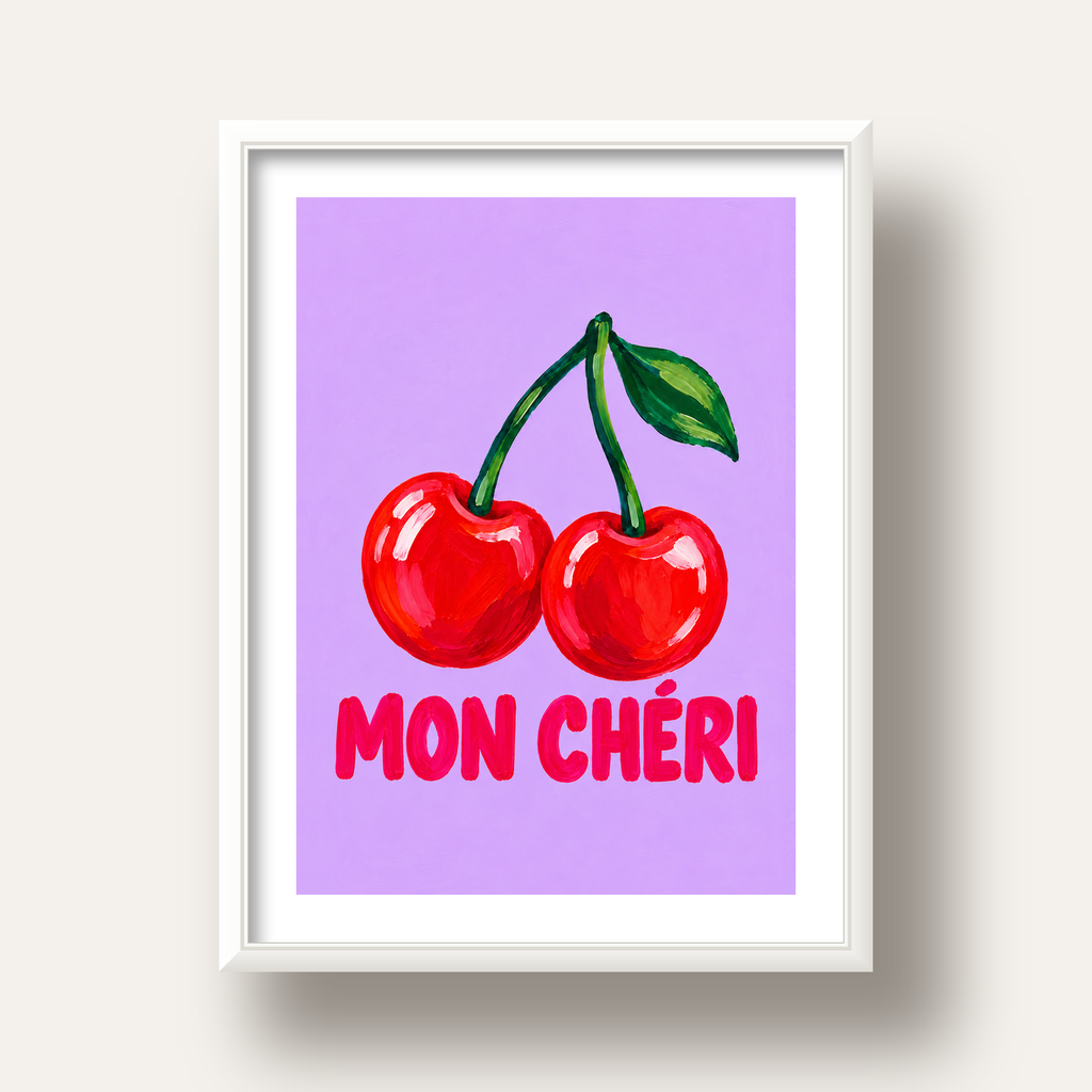 Mon Chéri Kiraz Poster – Yağlı Boya Stil, Mor Arka Plan — beyaz derin çerçeveli paspartulu