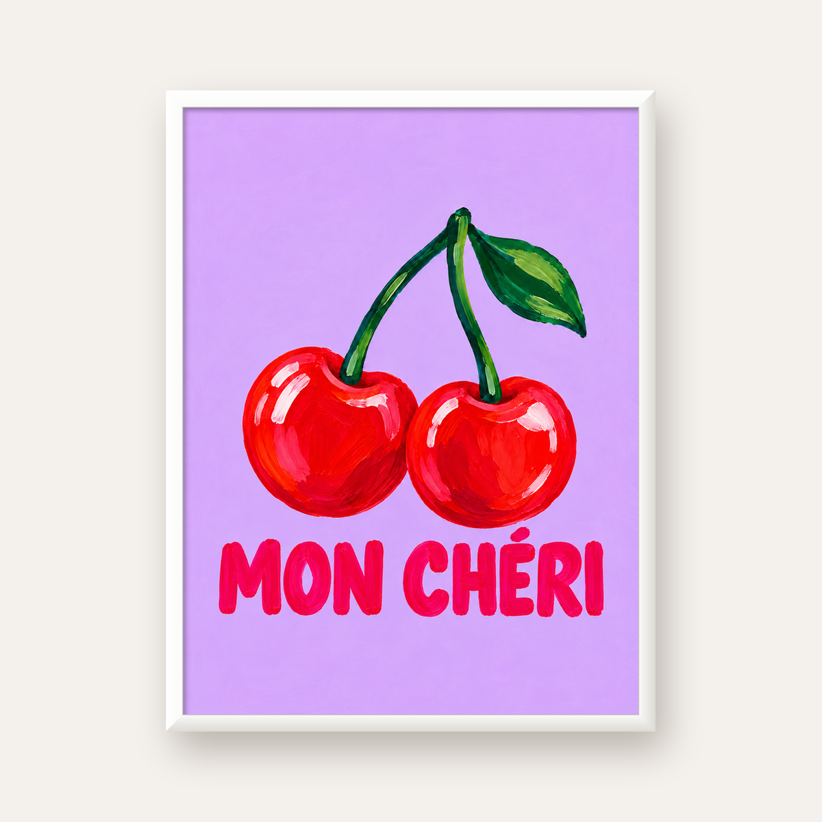 Mon Chéri Kiraz Poster – Yağlı Boya Stil, Mor Arka Plan — beyaz çerçeveli dikey poster