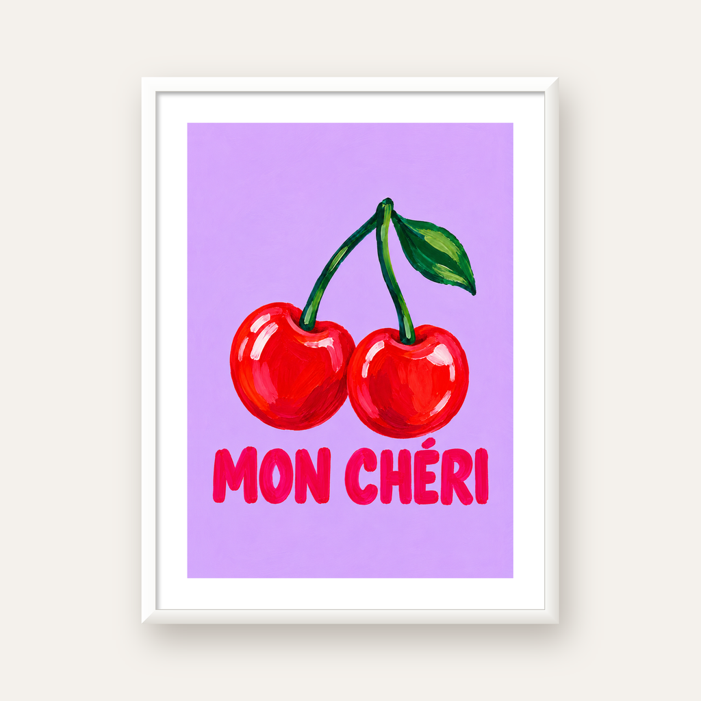 Mon Chéri Kiraz Poster – Yağlı Boya Stil, Mor Arka Plan — beyaz çerçeveli dikey poster