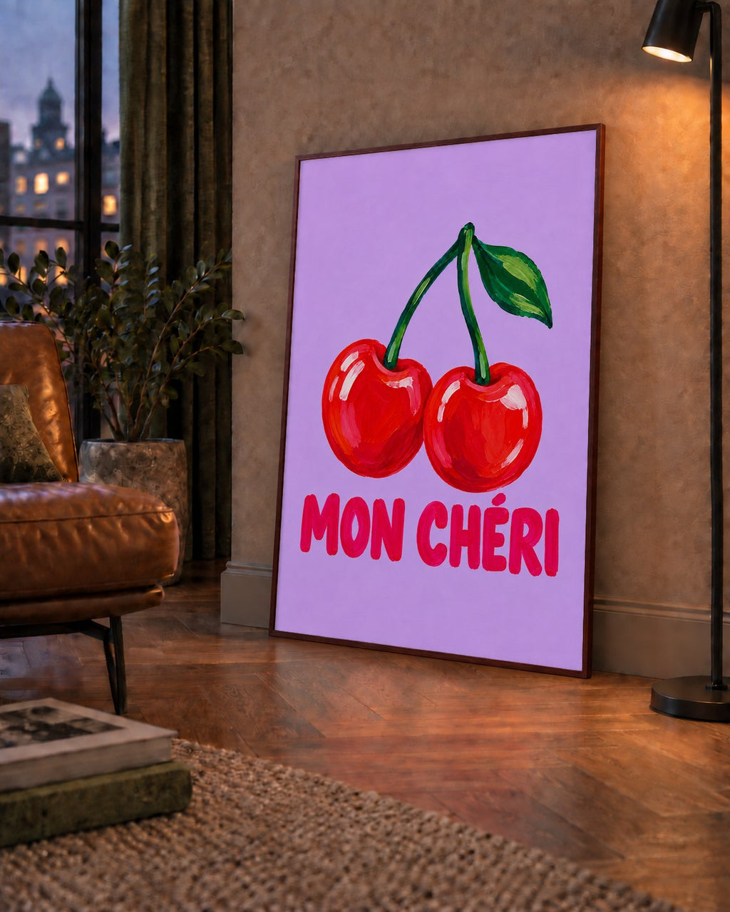 Mon Chéri Kiraz Poster – Yağlı Boya Stil, Mor Arka Plan — çerçeveli hâliyle bir ev duvarında