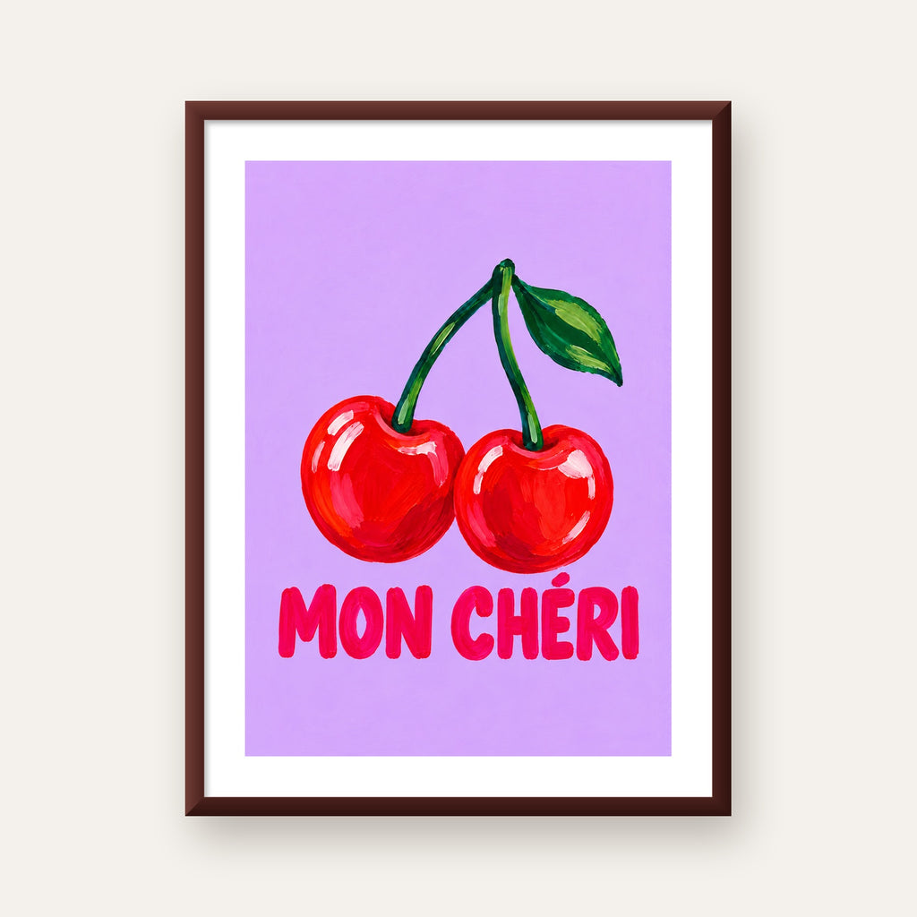 Mon Chéri Kiraz Poster – Yağlı Boya Stil, Mor Arka Plan — ceviz çerçeveli paspartulu