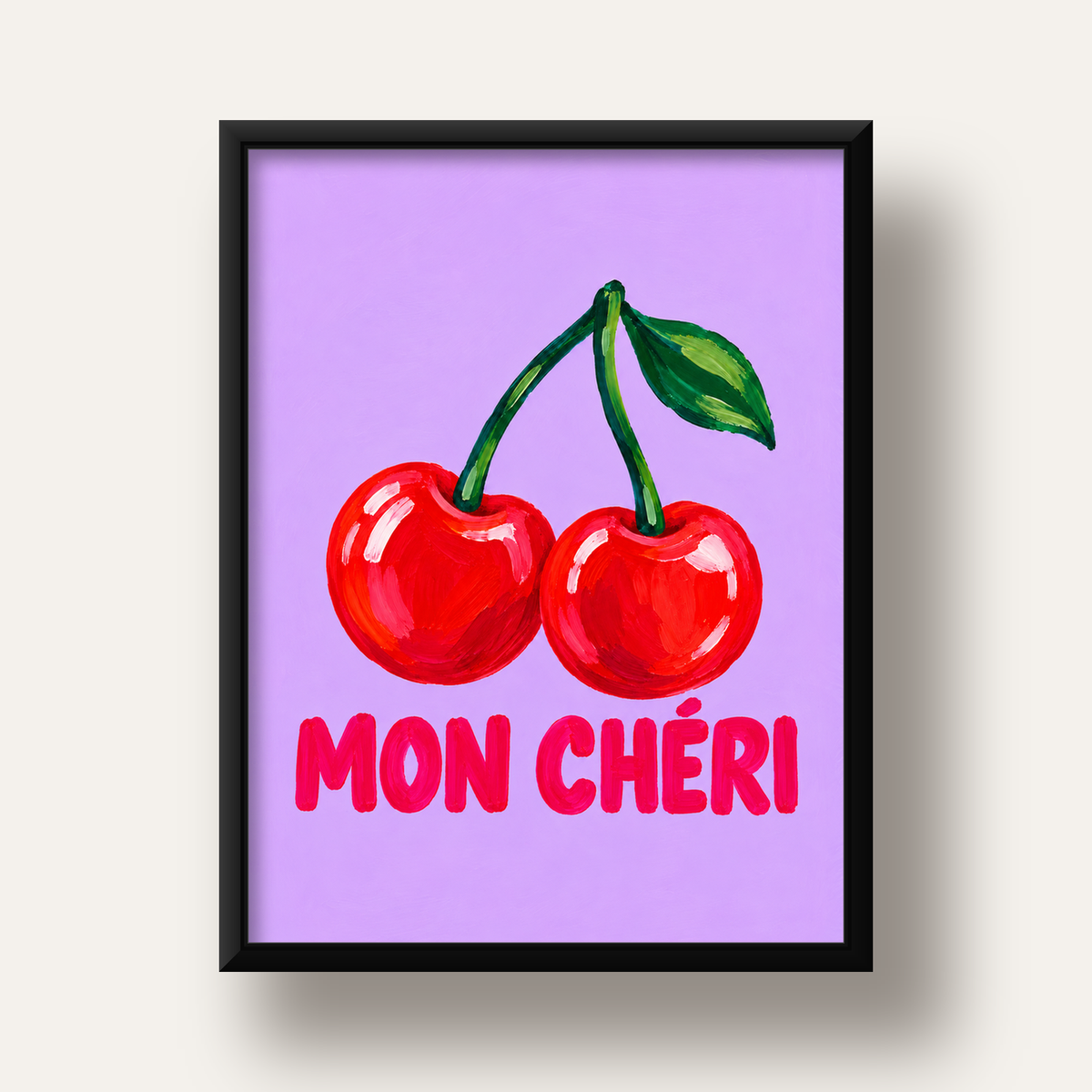 Mon Chéri Kiraz Poster – Yağlı Boya Stil, Mor Arka Plan — siyah derin çerçeveli