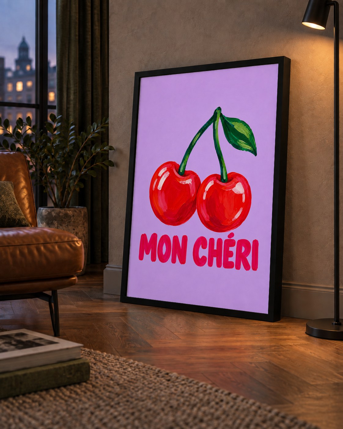 Mon Chéri Kiraz Poster – Yağlı Boya Stil, Mor Arka Plan — çerçeveli hâliyle bir ev duvarında