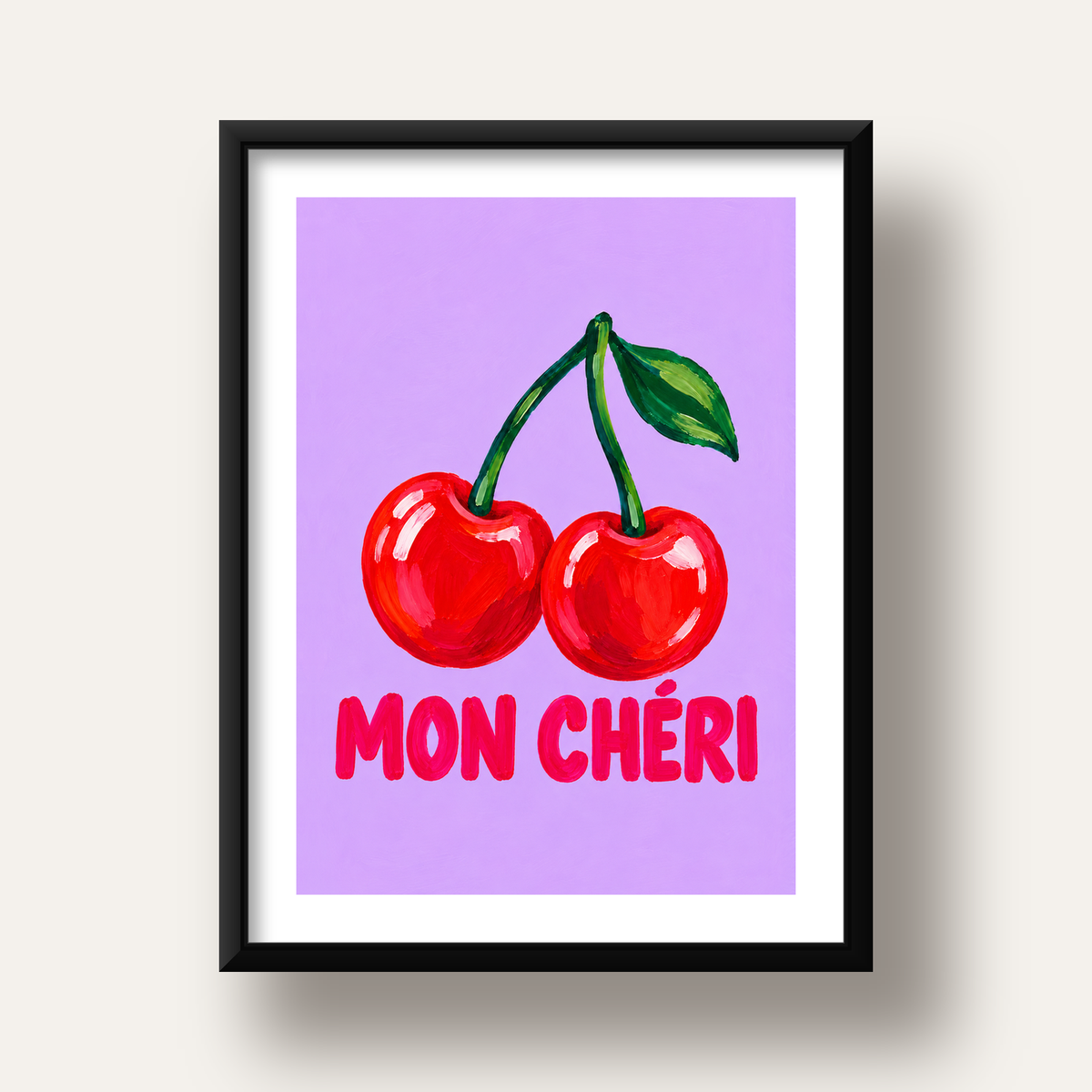 Mon Chéri Kiraz Poster – Yağlı Boya Stil, Mor Arka Plan — siyah derin çerçeveli paspartulu
