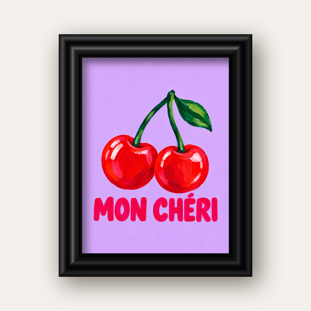 Mon Chéri Kiraz Poster – Yağlı Boya Stil, Mor Arka Plan — siyah galeri çerçeveli