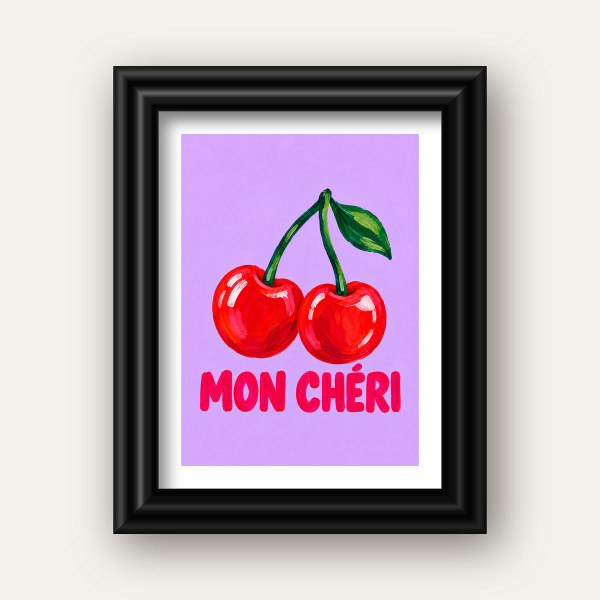 Mon Chéri Kiraz Poster – Yağlı Boya Stil, Mor Arka Plan — siyah galeri çerçeveli paspartulu
