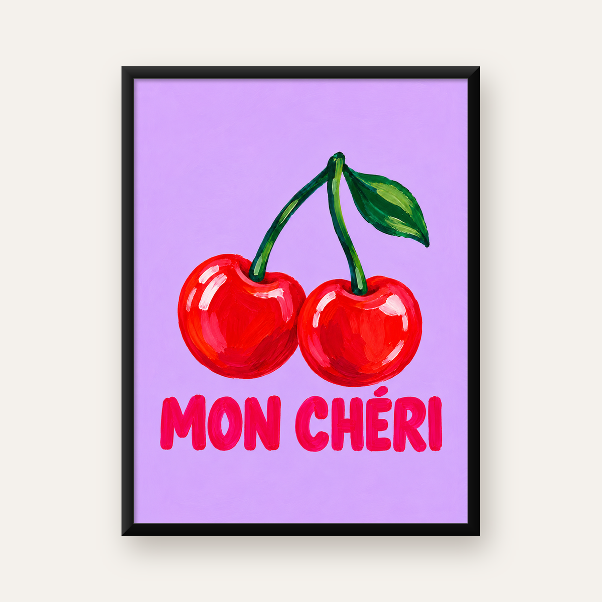 Mon Chéri Kiraz İllüstrasyonlu Pastel Mor Poster — Dikey baskı, düz siyah çerçeveli duvar posteri