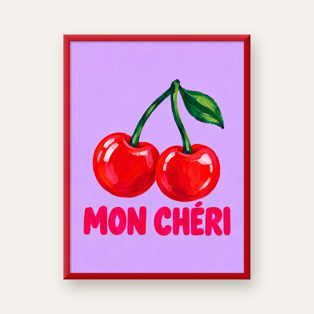Mon Chéri Kiraz Poster – Yağlı Boya Stil, Mor Arka Plan — kırmızı çerçeveli