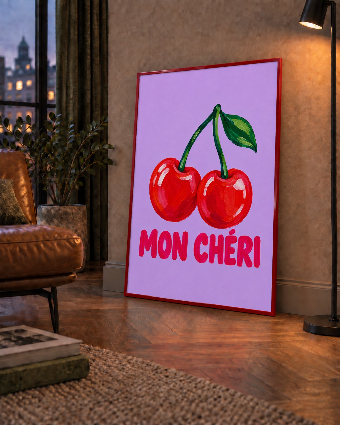 Mon Chéri Kiraz Poster – Yağlı Boya Stil, Mor Arka Plan — çerçeveli hâliyle bir ev duvarında