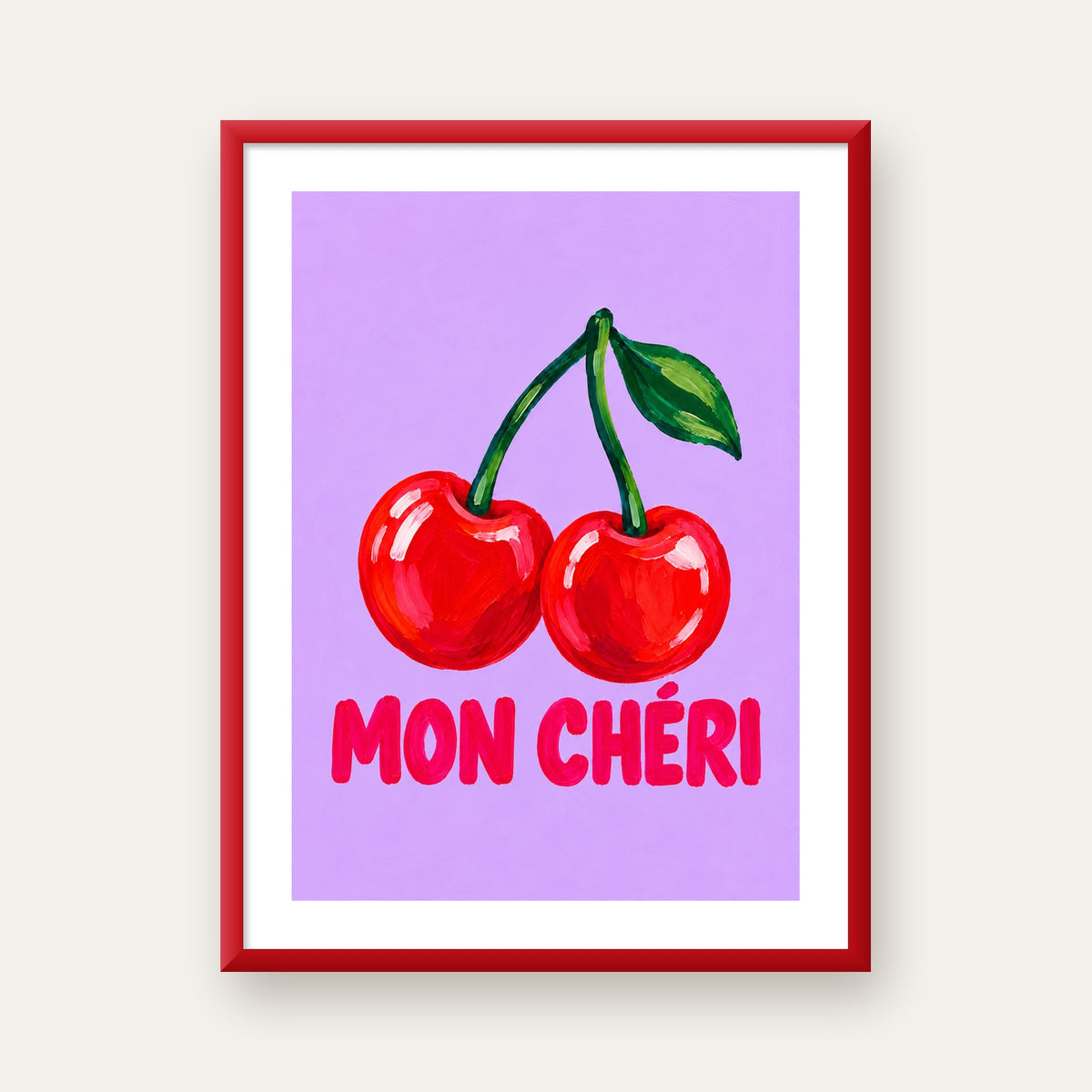 Mon Chéri Kiraz Poster – Yağlı Boya Stil, Mor Arka Plan — kırmızı çerçeveli paspartulu