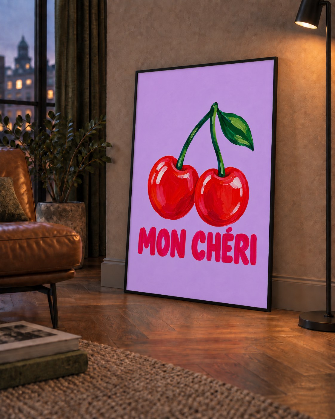 Mon Chéri Kiraz Poster – Yağlı Boya Stil, Mor Arka Plan — çerçeveli hâliyle bir ev duvarında