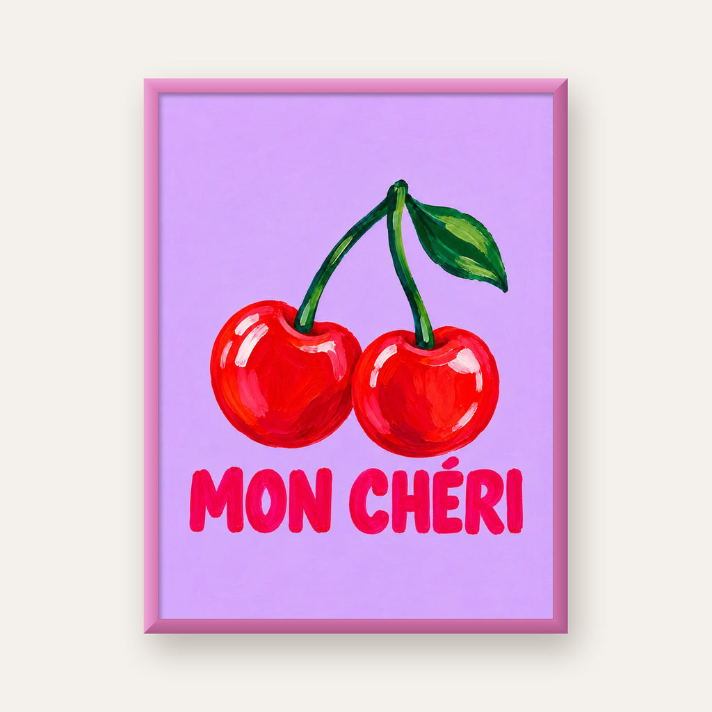 Mon Chéri Kiraz Poster – Yağlı Boya Stil, Mor Arka Plan — pembe çerçeveli