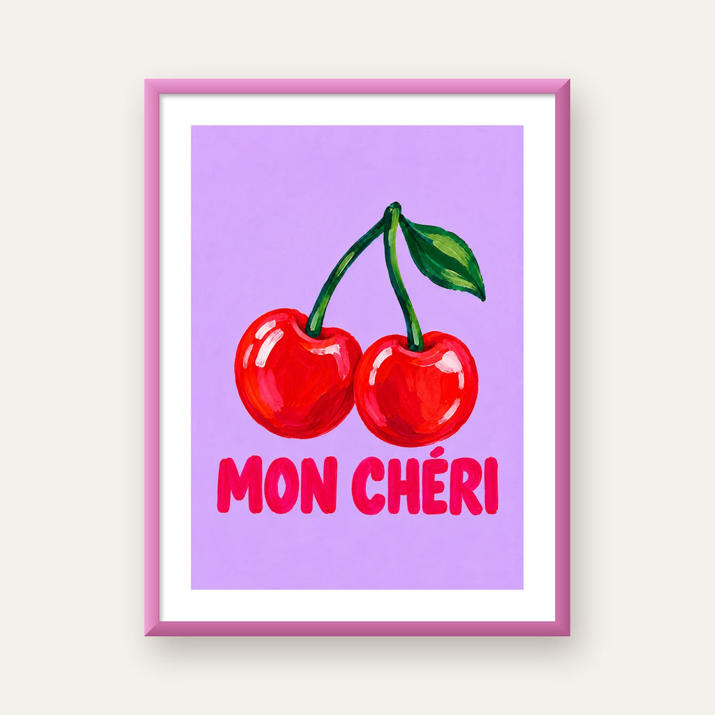 Mon Chéri Kiraz Poster – Yağlı Boya Stil, Mor Arka Plan — pembe çerçeveli paspartulu