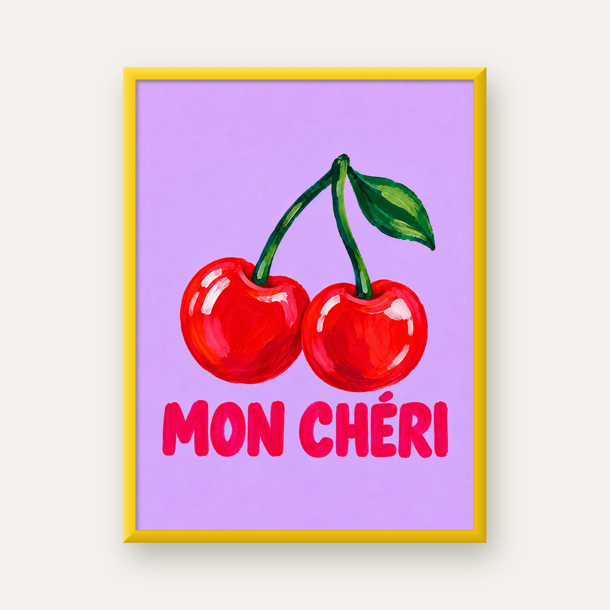 Mon Chéri Kiraz Poster – Yağlı Boya Stil, Mor Arka Plan — sarı çerçeveli