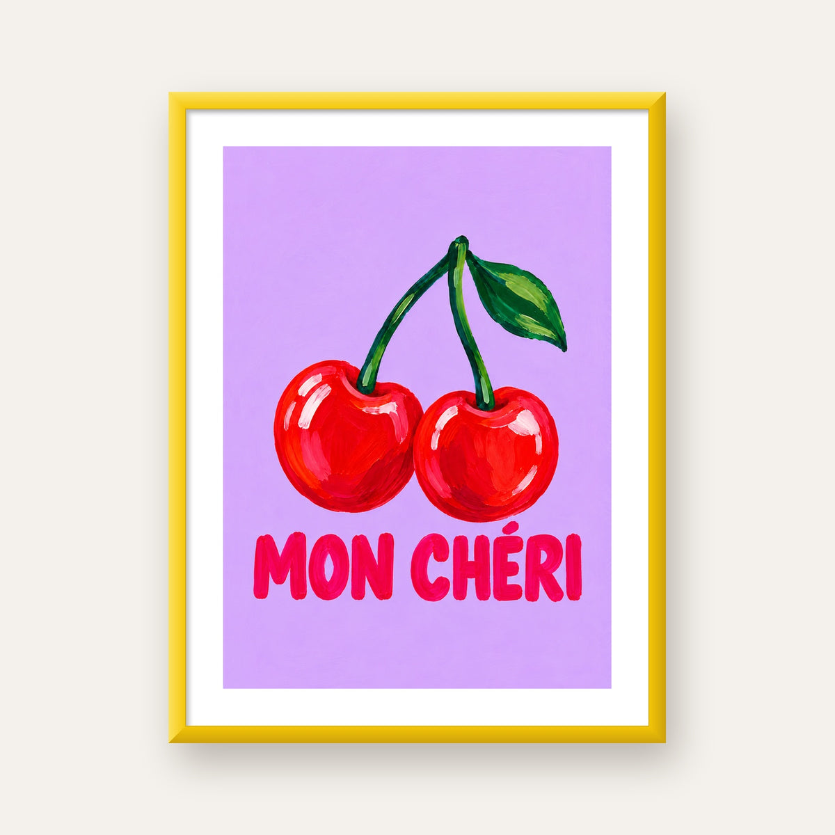 Mon Chéri Kiraz Poster – Yağlı Boya Stil, Mor Arka Plan — sarı çerçeveli paspartulu