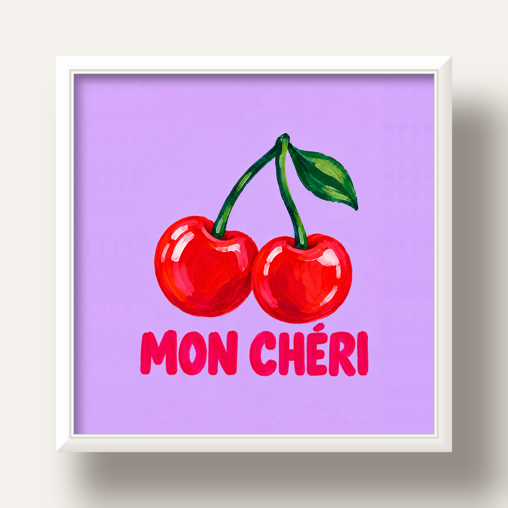 Mon Chéri Kiraz Poster – Yağlı Boya Stil, Mor Arka Plan — beyaz derin çerçeveli