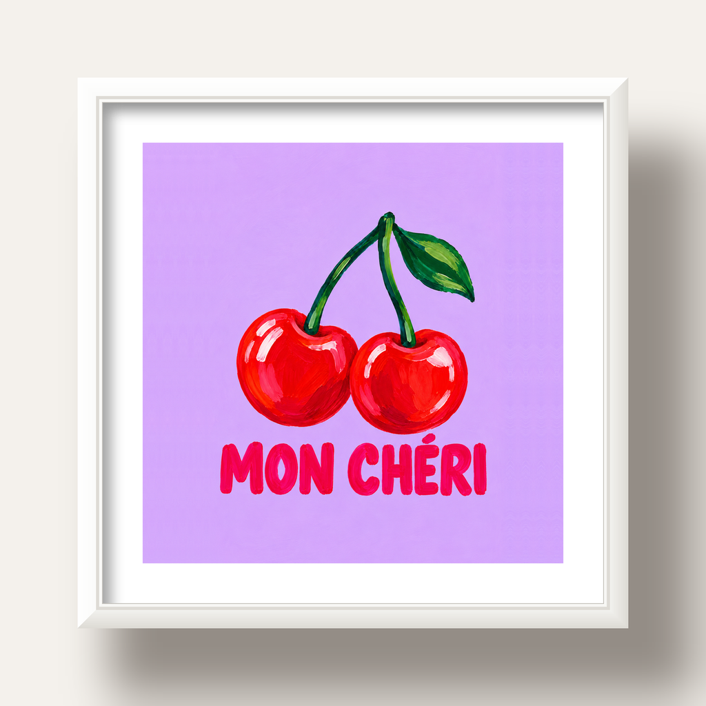 Mon Chéri Kiraz Poster – Yağlı Boya Stil, Mor Arka Plan — beyaz derin çerçeveli paspartulu