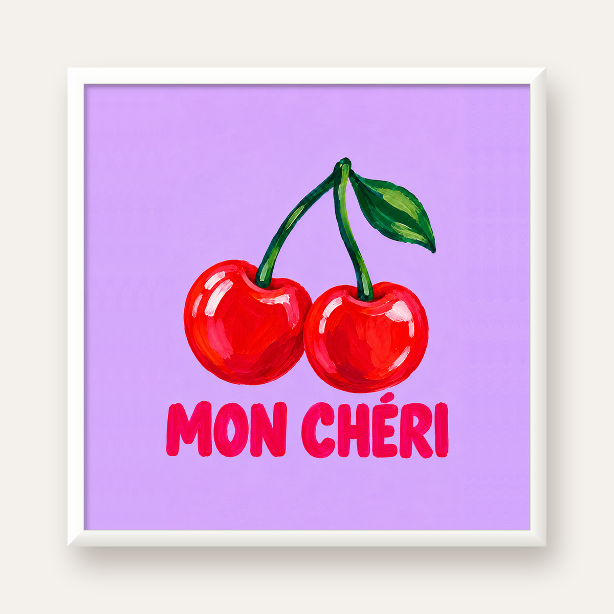 Mon Chéri Kiraz Poster – Yağlı Boya Stil, Mor Arka Plan — beyaz çerçeveli kare poster