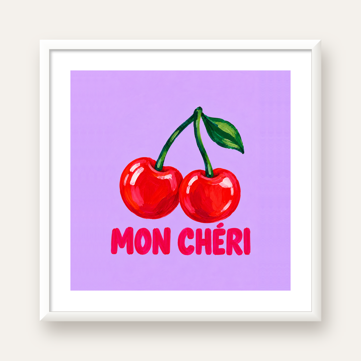 Mon Chéri Kiraz Poster – Yağlı Boya Stil, Mor Arka Plan — beyaz çerçeveli kare poster