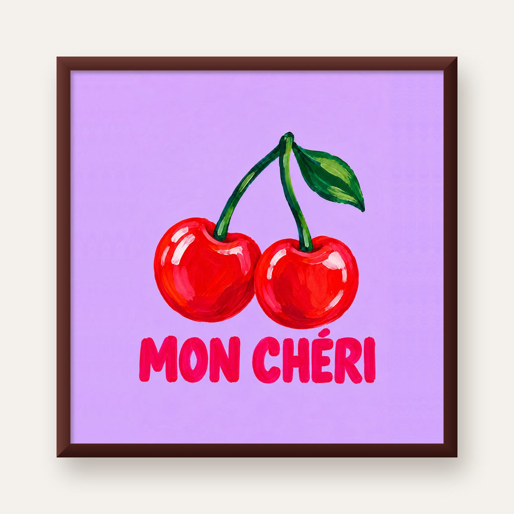 Mon Chéri Kiraz Poster – Yağlı Boya Stil, Mor Arka Plan — ceviz çerçeveli