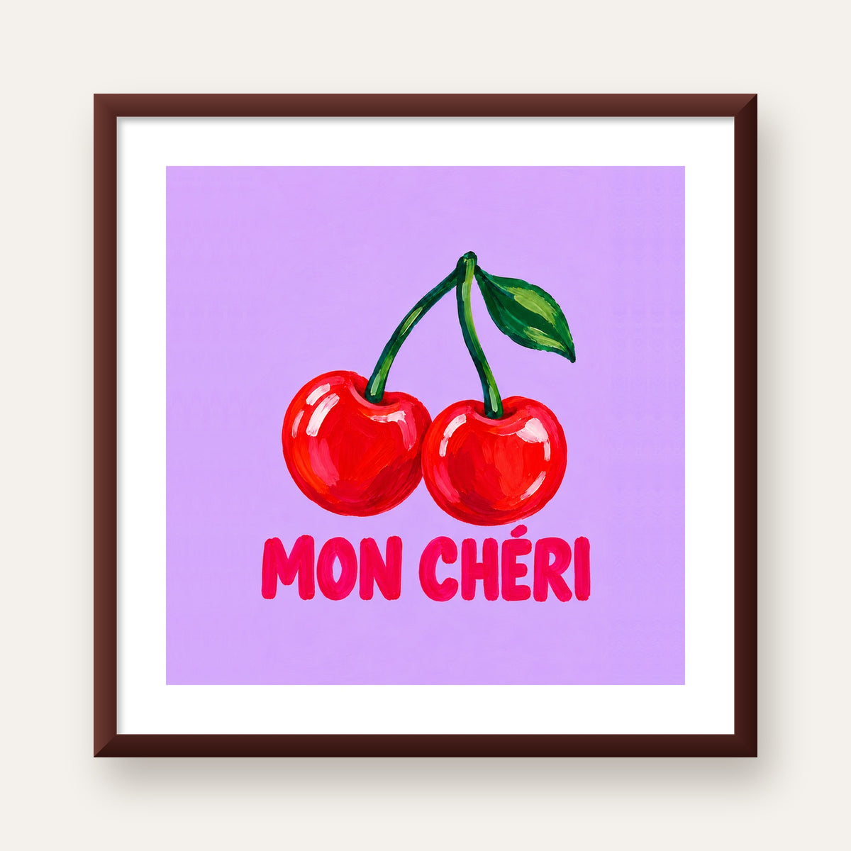 Mon Chéri Kiraz Poster – Yağlı Boya Stil, Mor Arka Plan — ceviz çerçeveli paspartulu