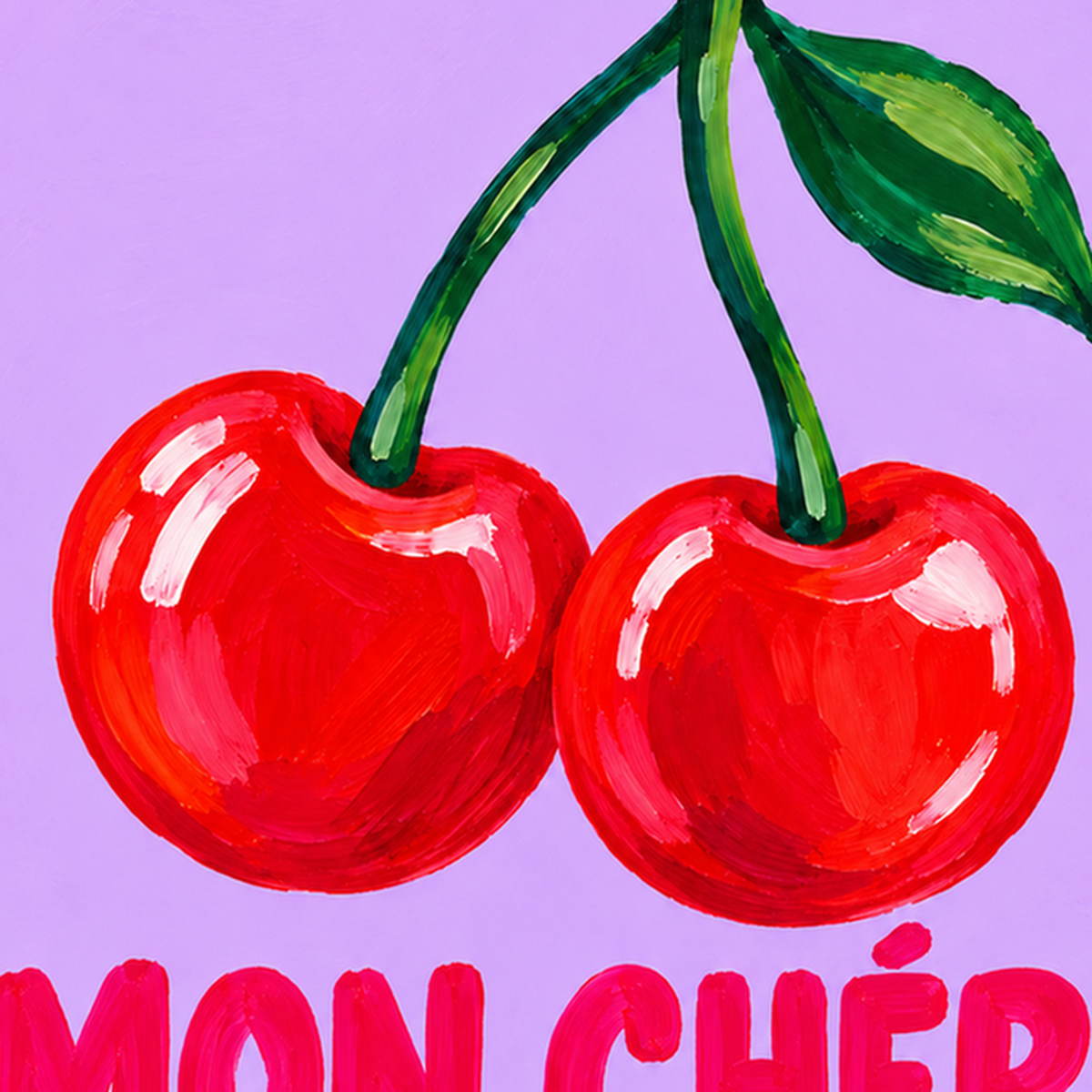 Mon Chéri Kiraz İllüstrasyonlu Pastel Mor Poster — baskının yakın çekimi, kâğıt dokusu ve renk detayı