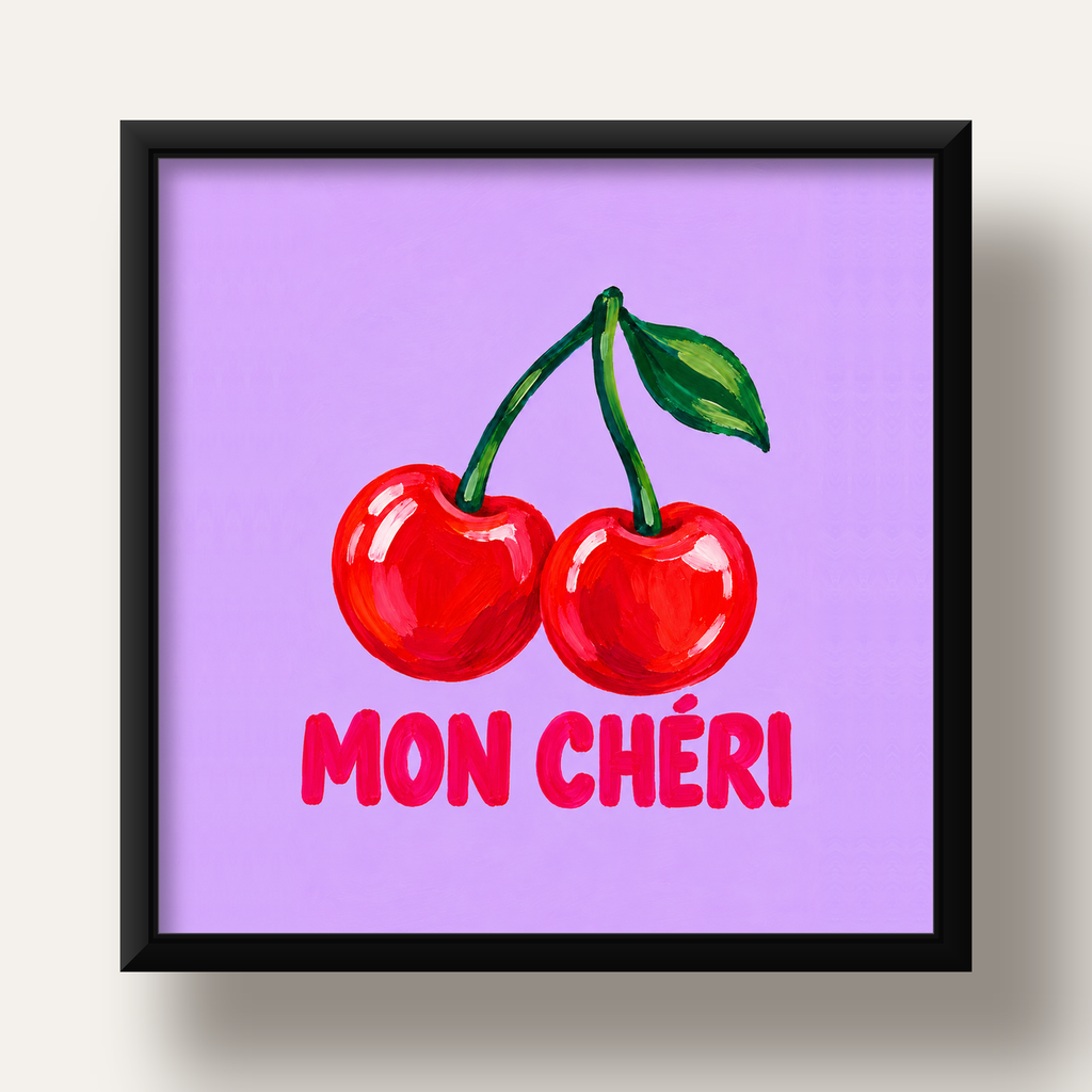 Mon Chéri Kiraz Poster – Yağlı Boya Stil, Mor Arka Plan — siyah derin çerçeveli
