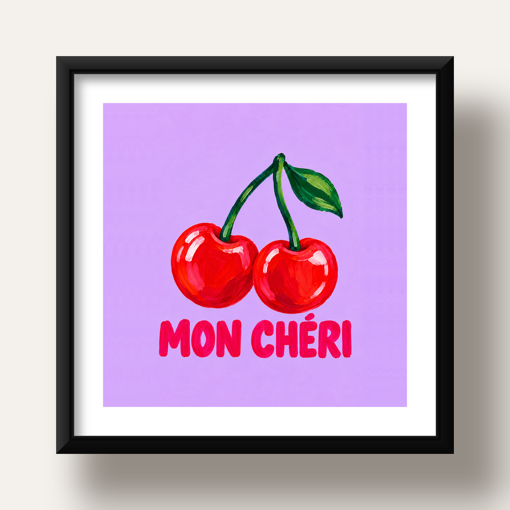Mon Chéri Kiraz Poster – Yağlı Boya Stil, Mor Arka Plan — siyah derin çerçeveli paspartulu
