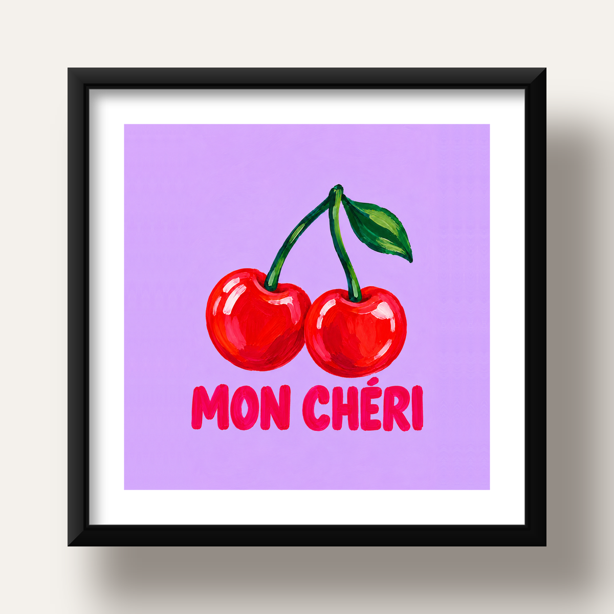 Mon Chéri Kiraz Poster – Yağlı Boya Stil, Mor Arka Plan — siyah derin çerçeveli paspartulu