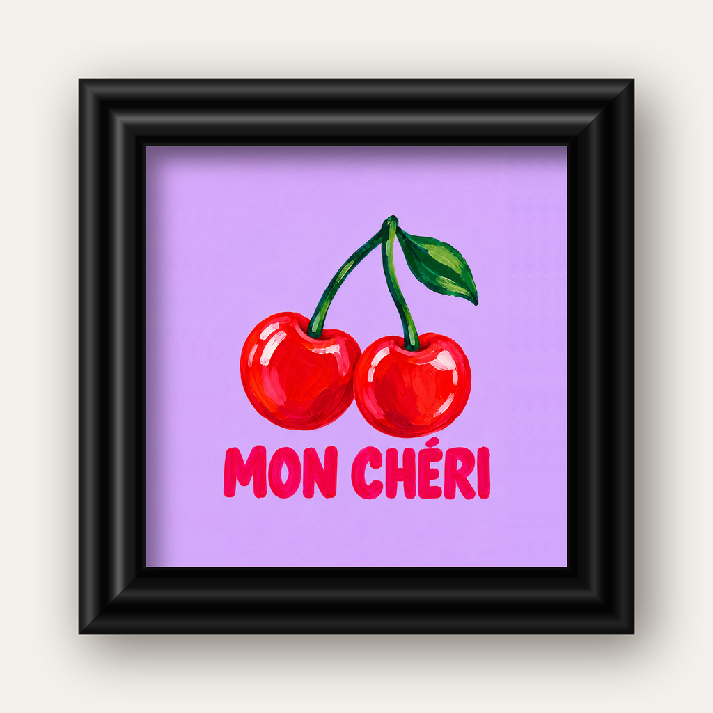 Mon Chéri Kiraz Poster – Yağlı Boya Stil, Mor Arka Plan — siyah galeri çerçeveli