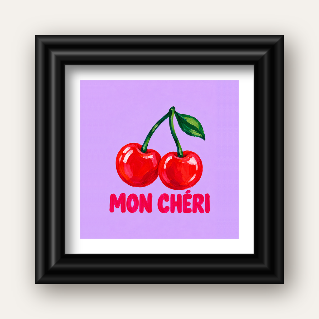 Mon Chéri Kiraz Poster – Yağlı Boya Stil, Mor Arka Plan — siyah galeri çerçeveli paspartulu