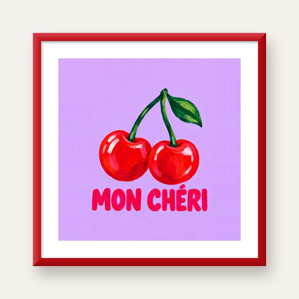 Mon Chéri Kiraz Poster – Yağlı Boya Stil, Mor Arka Plan — kırmızı çerçeveli paspartulu