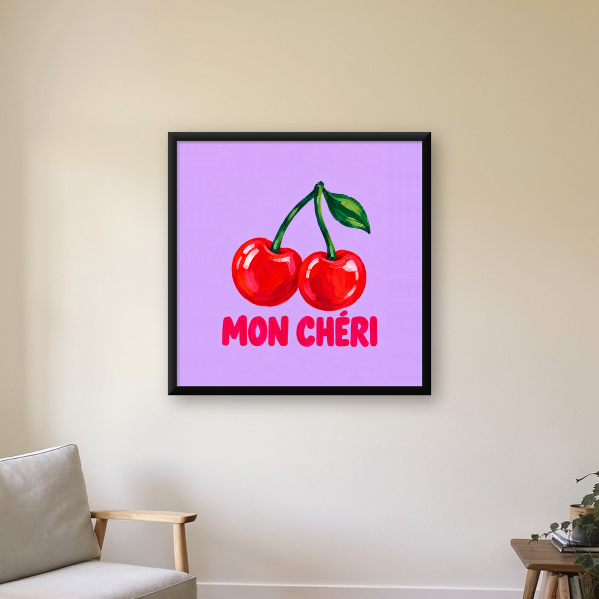 Mon Chéri Kiraz İllüstrasyonlu Pastel Mor Poster — Kare baskı, çerçeveli hâliyle bir ev duvarında