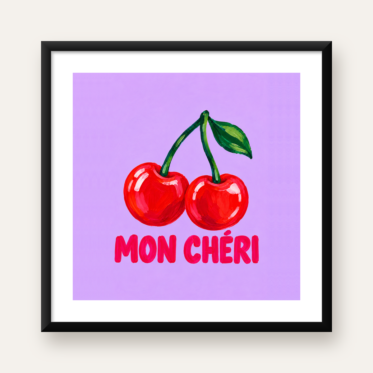 Mon Chéri Kiraz İllüstrasyonlu Pastel Mor Poster — Kare baskı, beyaz kenar boşluklu
