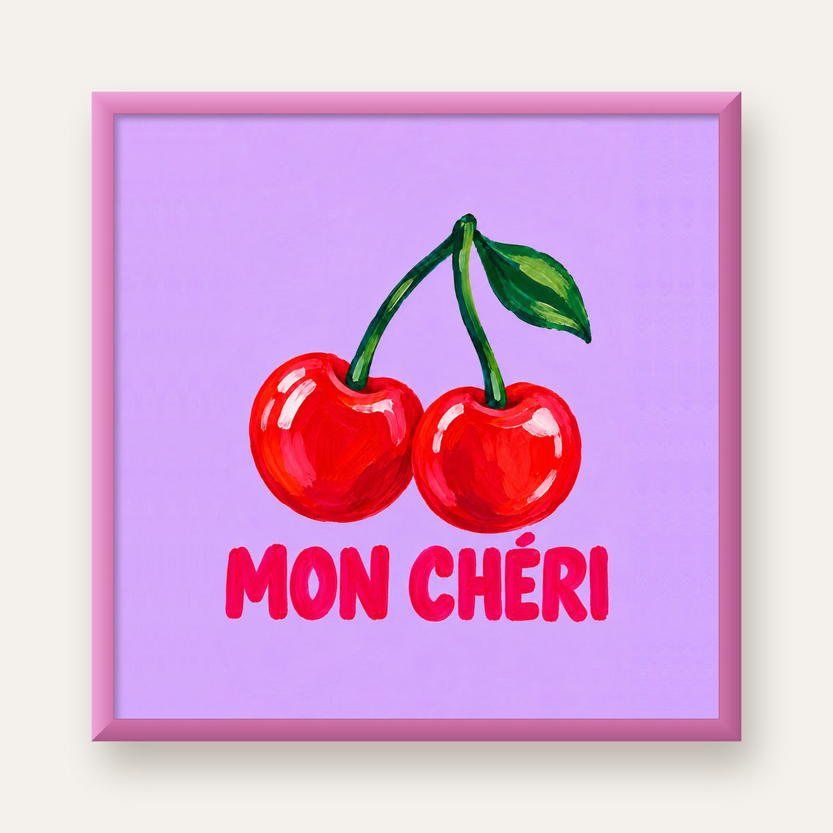 Mon Chéri Kiraz Poster – Yağlı Boya Stil, Mor Arka Plan — pembe çerçeveli