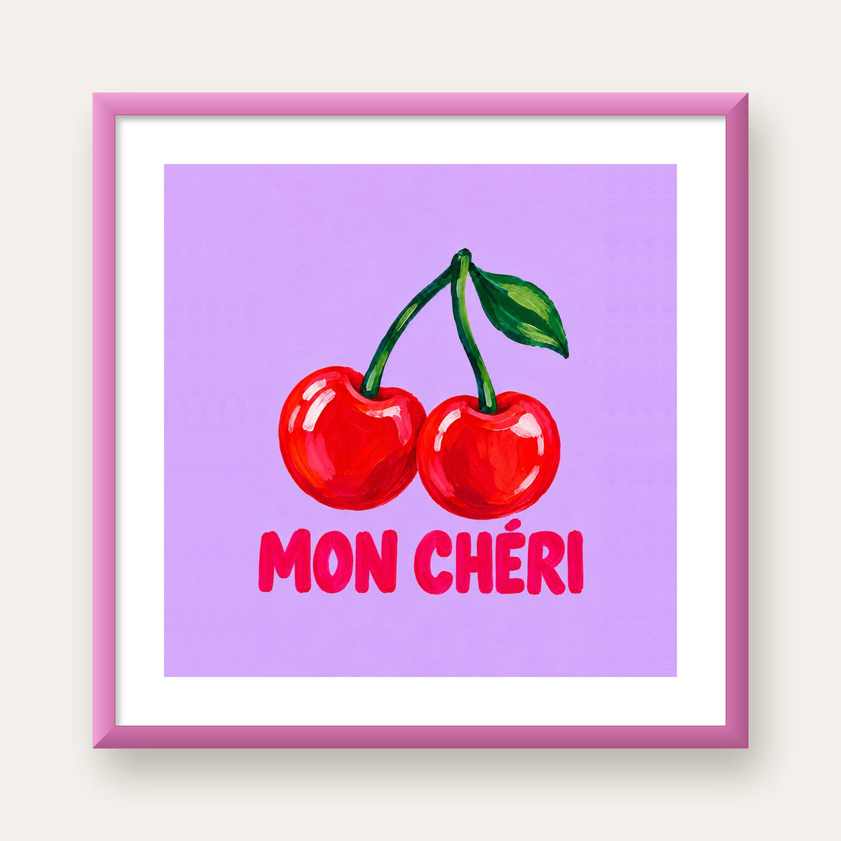 Mon Chéri Kiraz Poster – Yağlı Boya Stil, Mor Arka Plan — pembe çerçeveli paspartulu