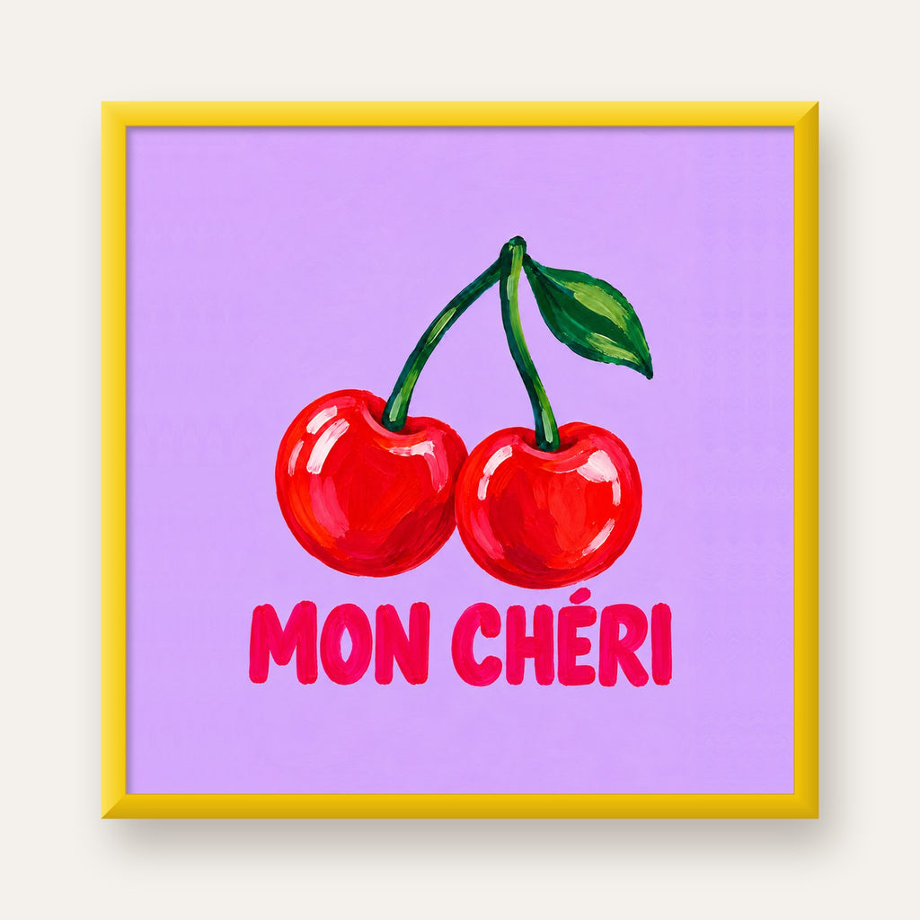 Mon Chéri Kiraz Poster – Yağlı Boya Stil, Mor Arka Plan — sarı çerçeveli