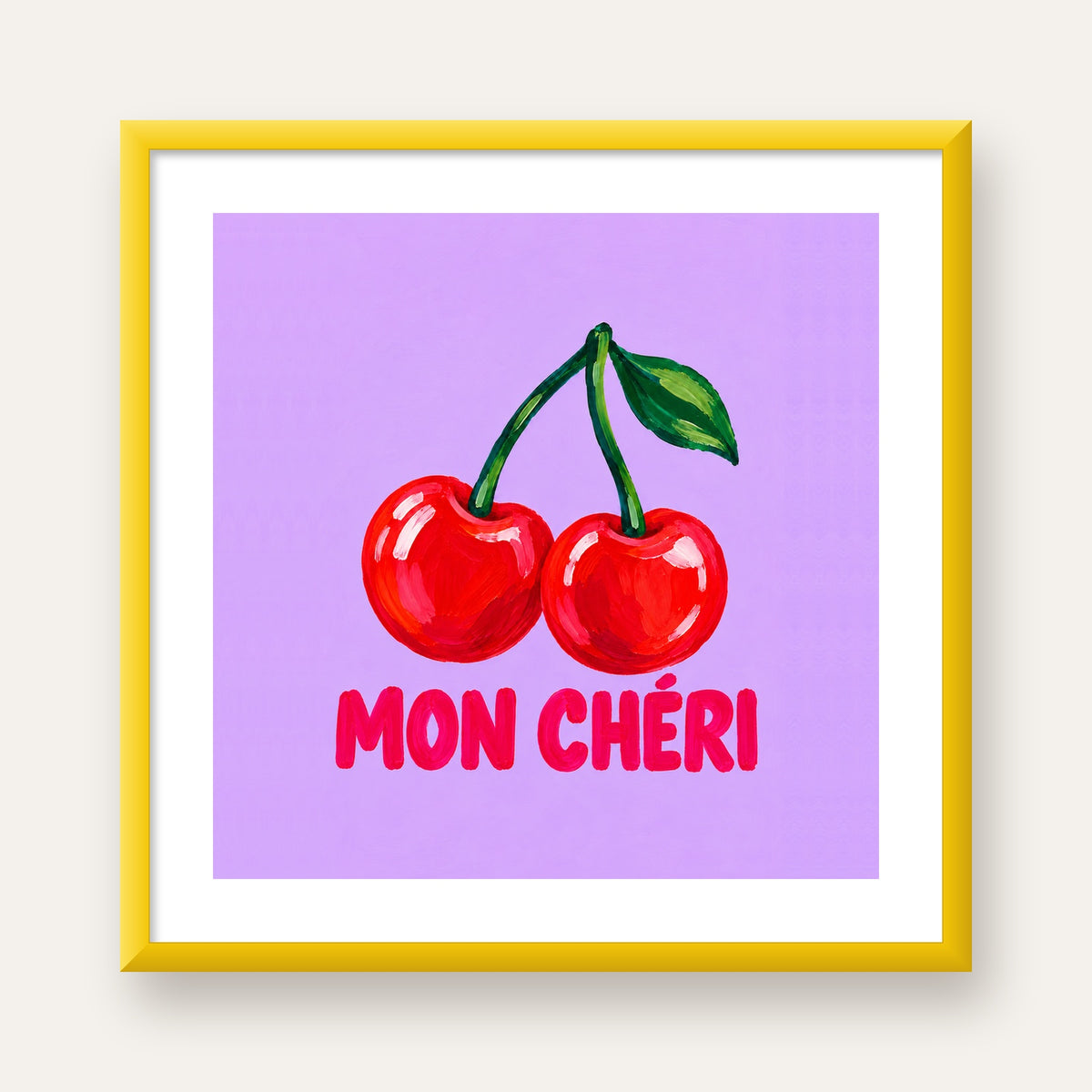 Mon Chéri Kiraz Poster – Yağlı Boya Stil, Mor Arka Plan — sarı çerçeveli paspartulu