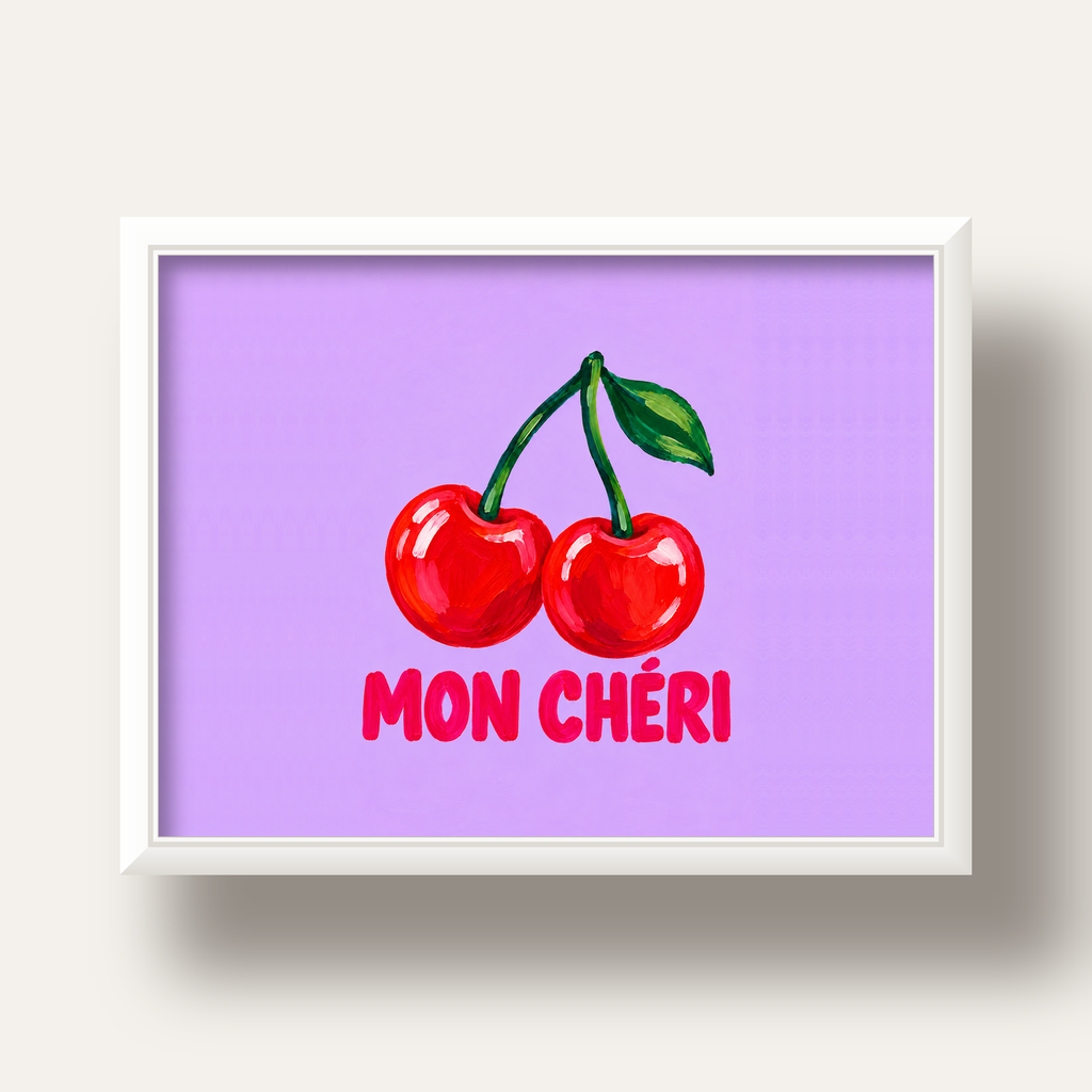Mon Chéri Kiraz Poster – Yağlı Boya Stil, Mor Arka Plan — beyaz derin çerçeveli