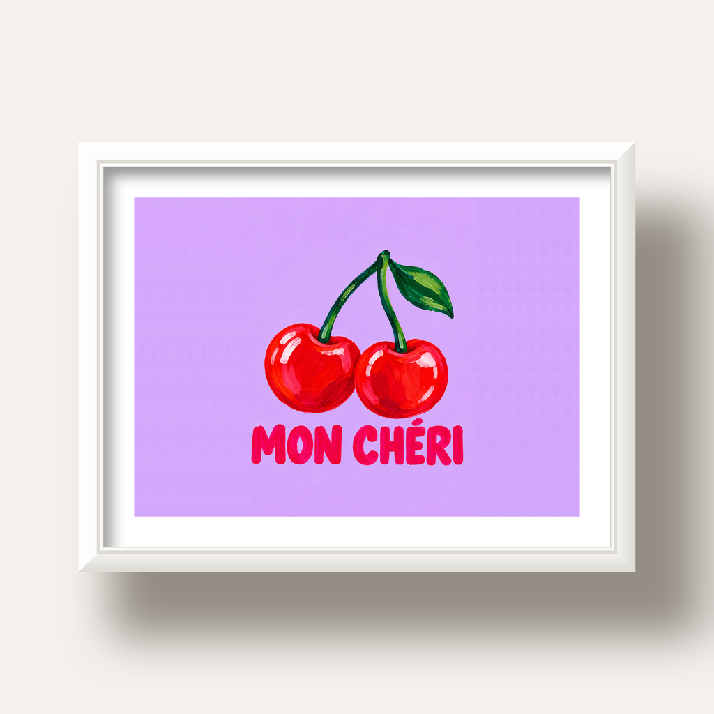 Mon Chéri Kiraz Poster – Yağlı Boya Stil, Mor Arka Plan — beyaz derin çerçeveli paspartulu