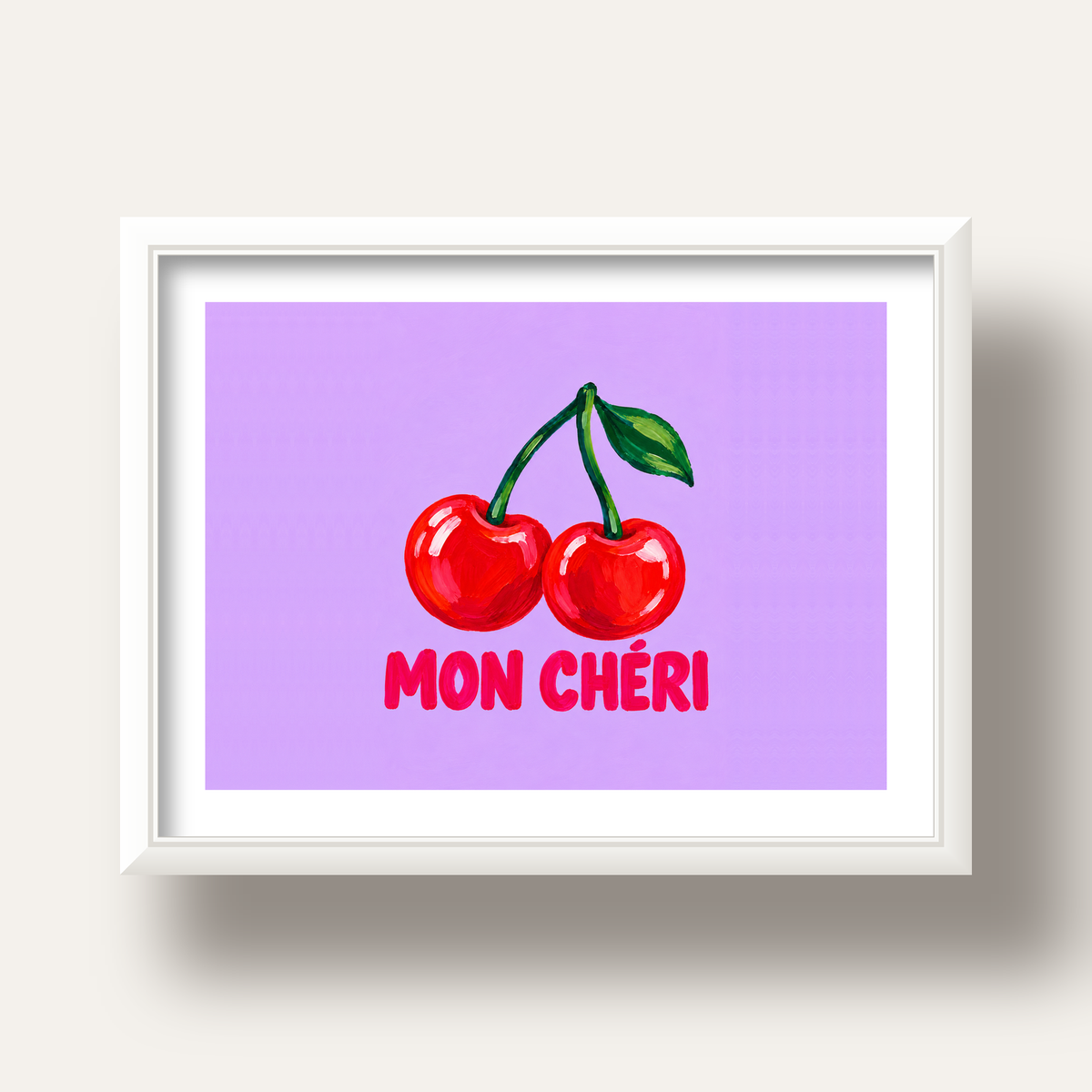 Mon Chéri Kiraz Poster – Yağlı Boya Stil, Mor Arka Plan — beyaz derin çerçeveli paspartulu