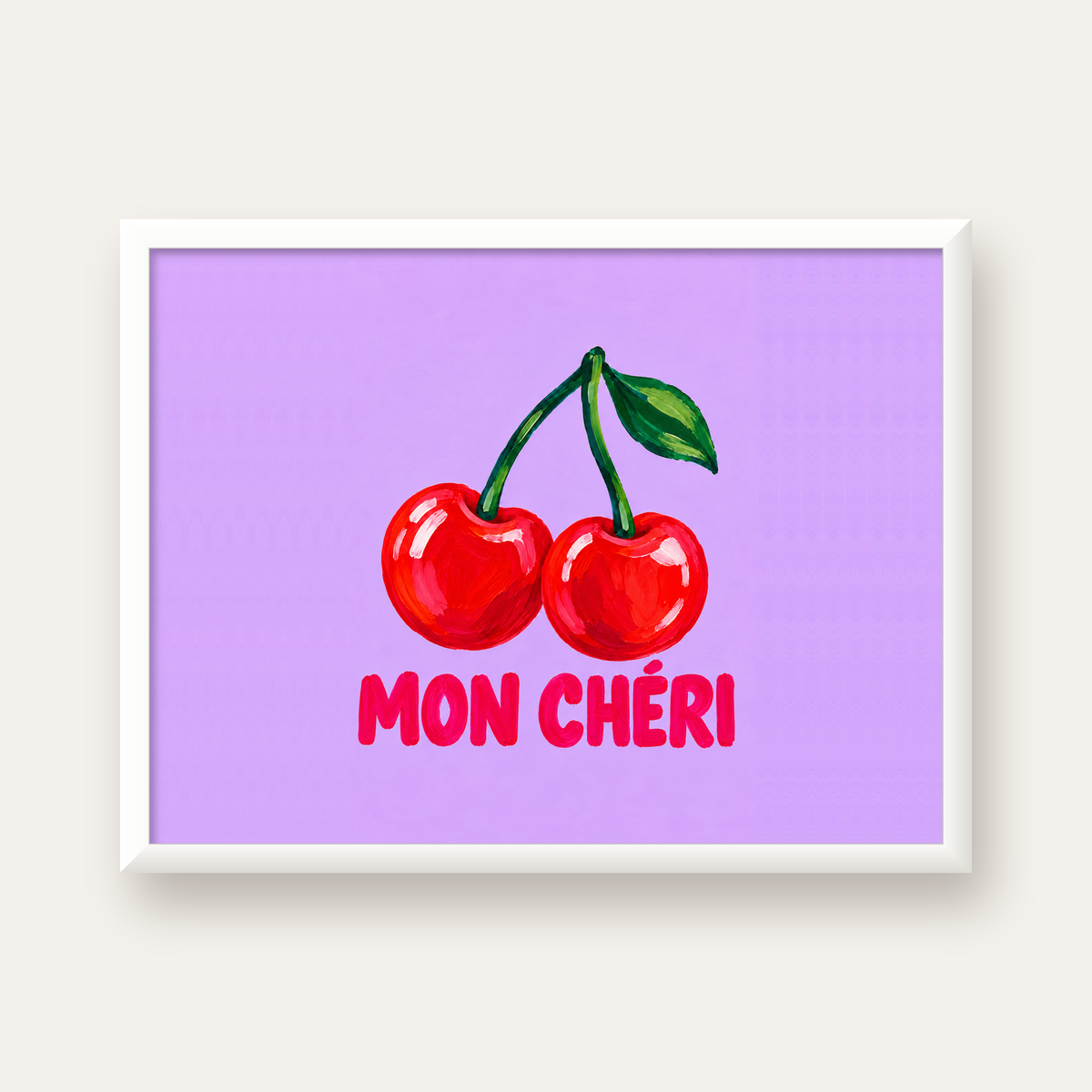 Mon Chéri Kiraz Poster – Yağlı Boya Stil, Mor Arka Plan — beyaz çerçeveli yatay poster