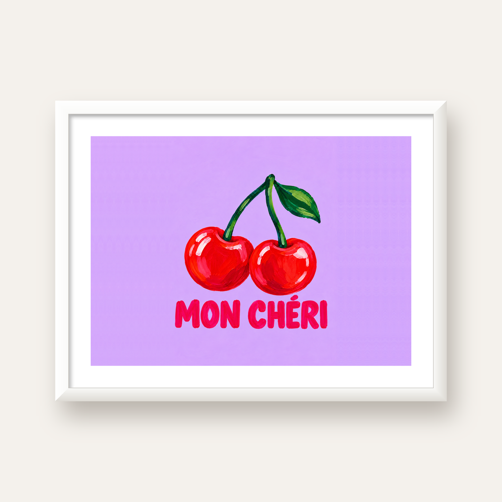 Mon Chéri Kiraz Poster – Yağlı Boya Stil, Mor Arka Plan — beyaz çerçeveli yatay poster