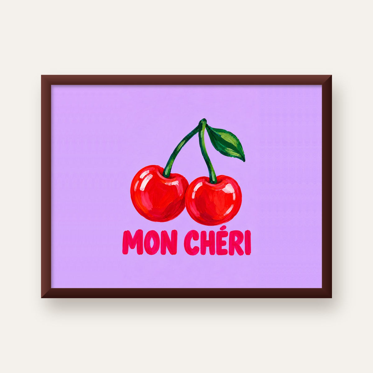 Mon Chéri Kiraz Poster – Yağlı Boya Stil, Mor Arka Plan — ceviz çerçeveli