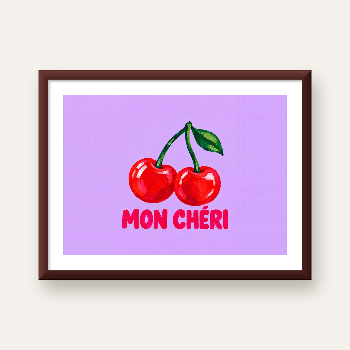 Mon Chéri Kiraz Poster – Yağlı Boya Stil, Mor Arka Plan — ceviz çerçeveli paspartulu